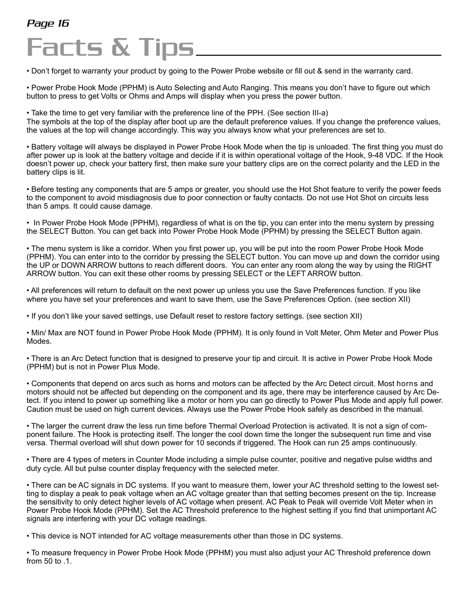 Facts & tips, Page 16 | Power Probe The Hook User Manual | Page 16 / 20