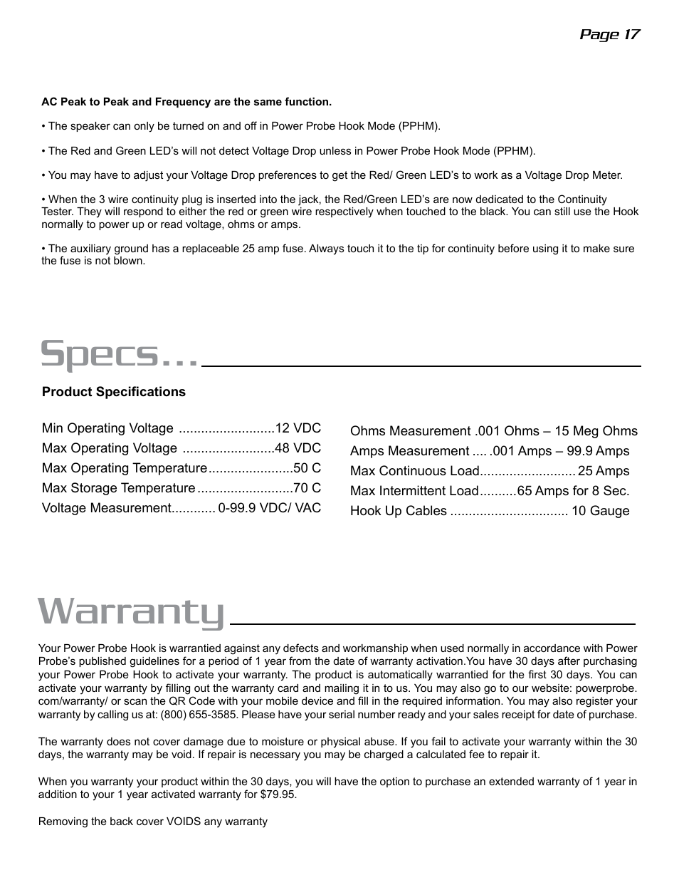 Specs, Warranty | Power Probe The Hook User Manual | Page 17 / 20
