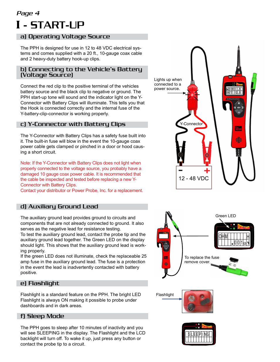 I - start-up, Page 4 a) operating voltage source, C) y-connector with battery clips | D) auxiliary ground lead, E) flashlight, F) sleep mode | Power Probe The Hook User Manual | Page 4 / 20