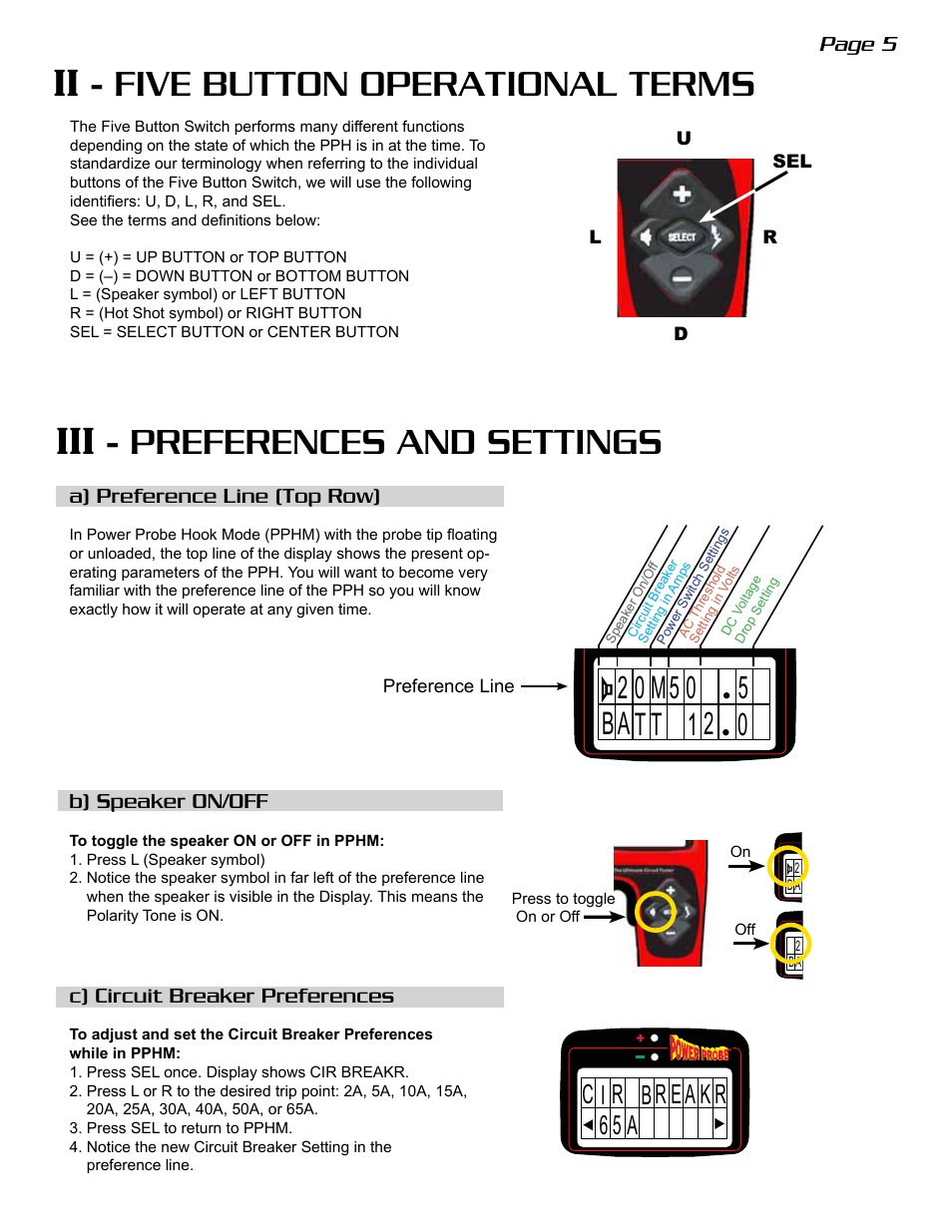 Ii - five button operational terms, Iii - preferences and settings | Power Probe The Hook User Manual | Page 5 / 20