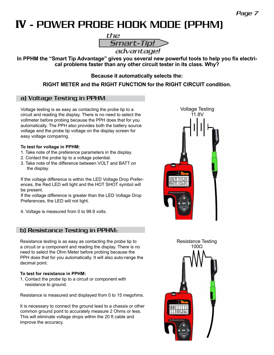 Iv - power probe hook mode (pphm), Page 7 a) voltage testing in pphm, B) resistance testing in pphm | Power Probe The Hook User Manual | Page 7 / 20