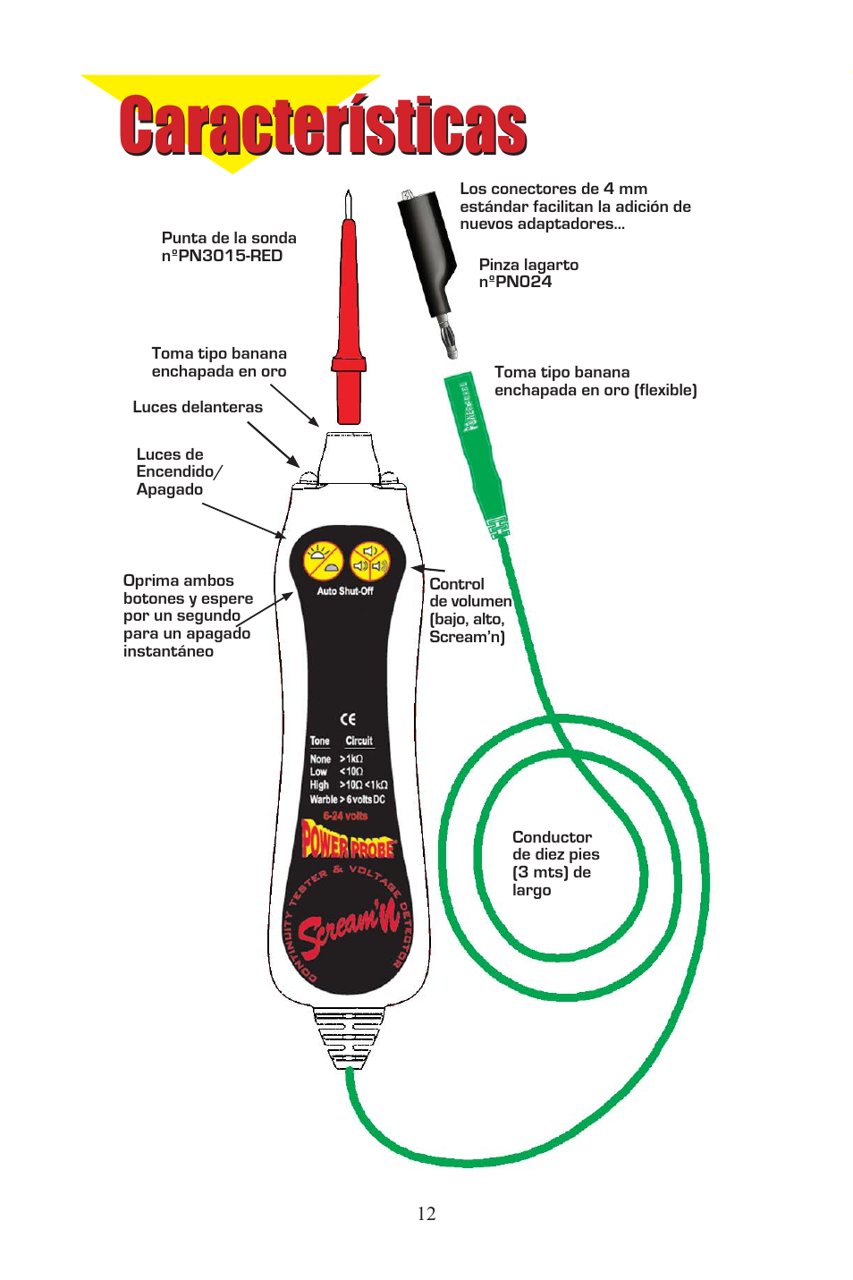 Screaming_eng_span_12.eps, Características | Power Probe PPCT - Continuity Tester User Manual | Page 12 / 20