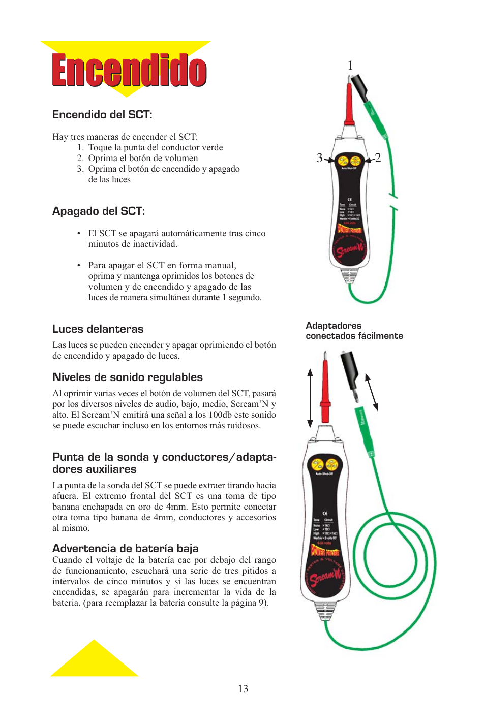 Screaming_eng_span_13.eps, Encendido | Power Probe PPCT - Continuity Tester User Manual | Page 13 / 20