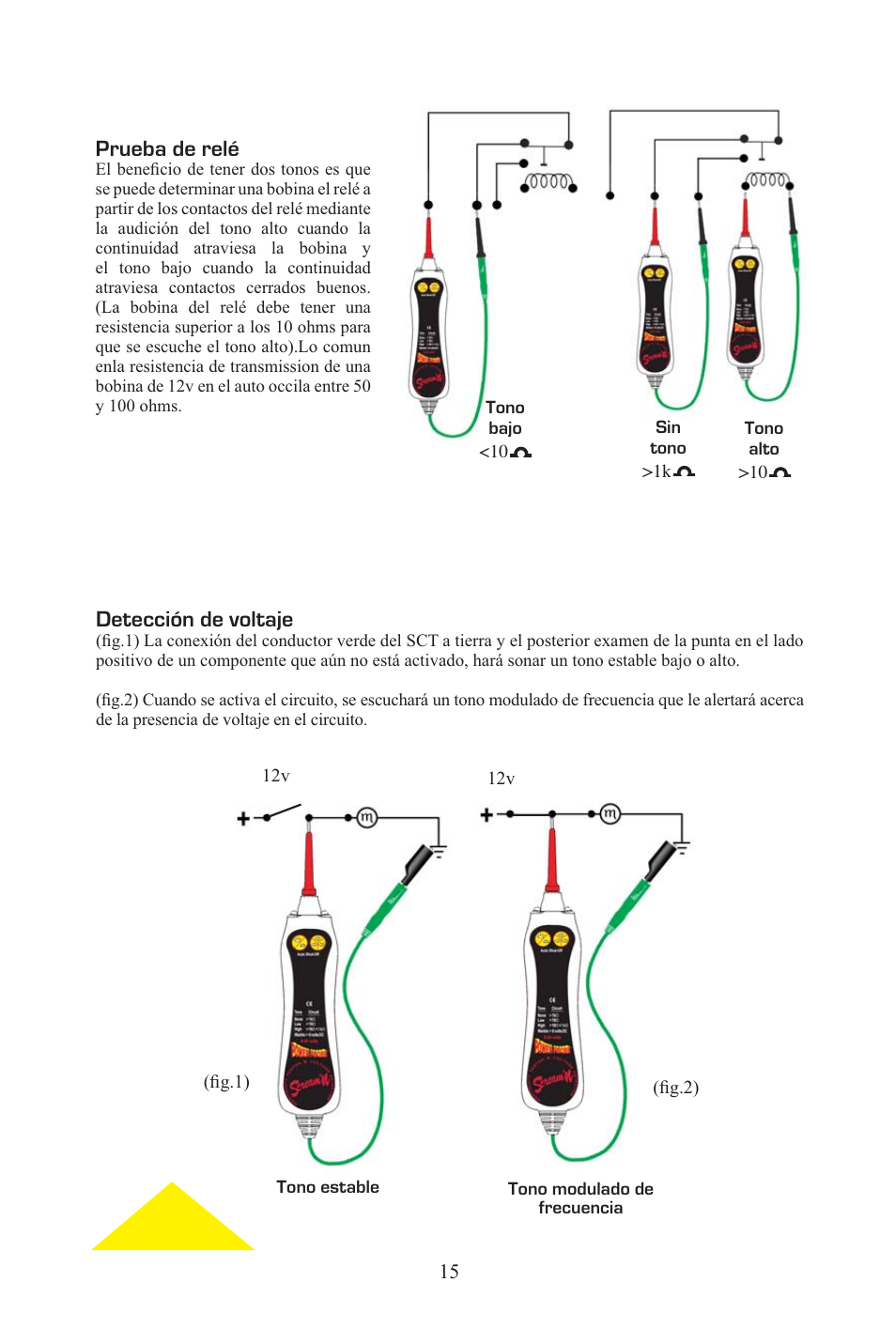 Screaming_eng_span_15.eps, Prueba de relé, Detección de voltaje | Power Probe PPCT - Continuity Tester User Manual | Page 15 / 20