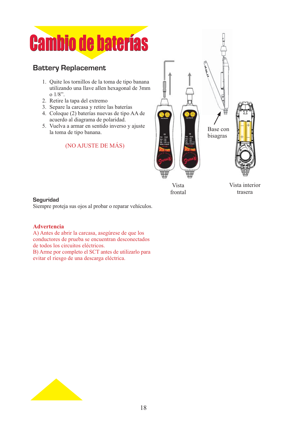 Screaming_eng_span_18.eps, Cambio de baterías, Battery replacement | Power Probe PPCT - Continuity Tester User Manual | Page 18 / 20