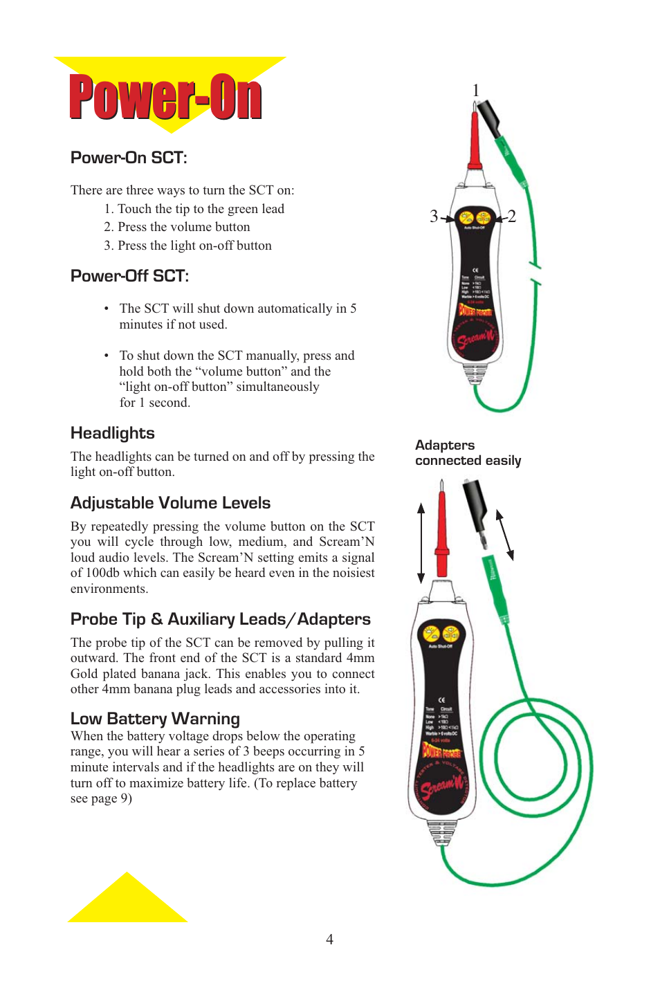 Screaming_eng_span_4.eps, Power-on | Power Probe PPCT - Continuity Tester User Manual | Page 4 / 20