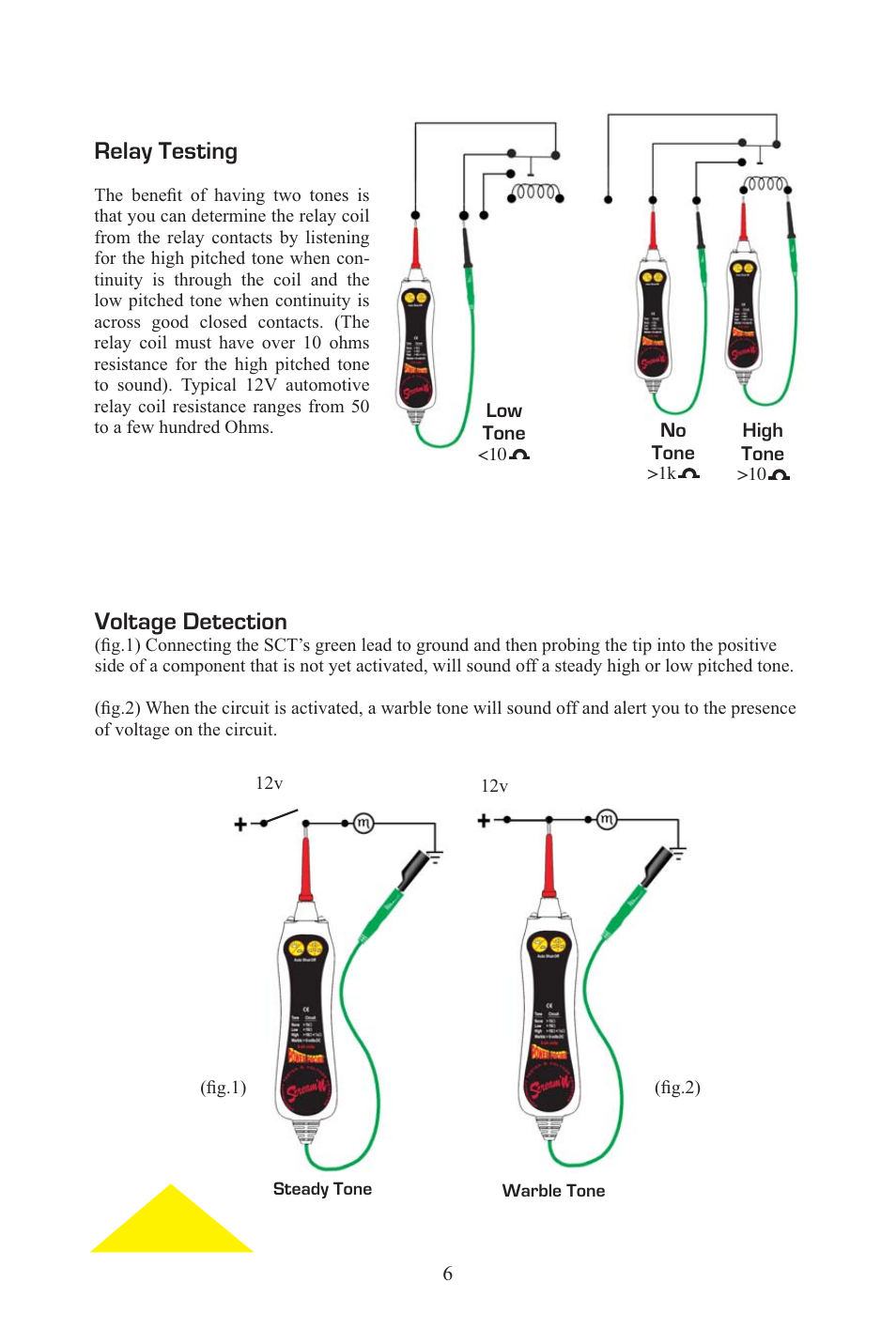 Screaming_eng_span_6.eps, Relay testing, Voltage detection | Power Probe PPCT - Continuity Tester User Manual | Page 6 / 20