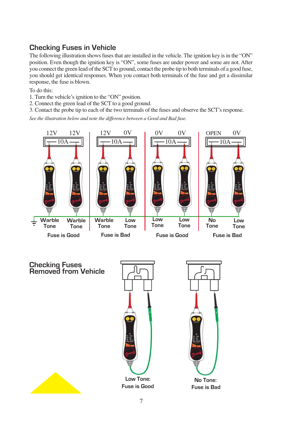 Screaming_eng_span_7.eps, Checking fuses in vehicle, Checking fuses removed from vehicle | Power Probe PPCT - Continuity Tester User Manual | Page 7 / 20
