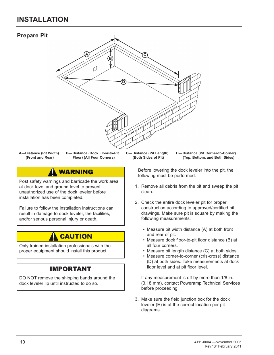 Installation, Important, Prepare pit | Poweramp EH SERIES HYDRAULIC User Manual | Page 12 / 52