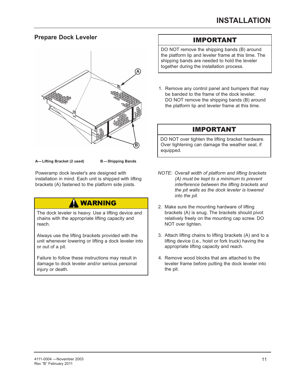 Installation, Important, Prepare dock leveler | Poweramp EH SERIES HYDRAULIC User Manual | Page 13 / 52