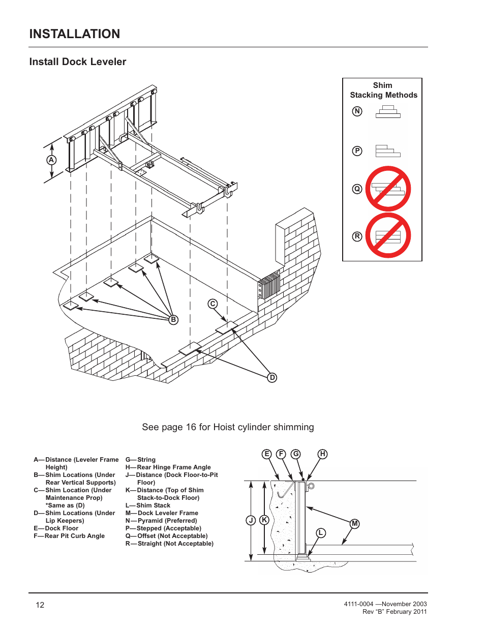 Installation, Install dock leveler, See page 16 for hoist cylinder shimming | Poweramp EH SERIES HYDRAULIC User Manual | Page 14 / 52