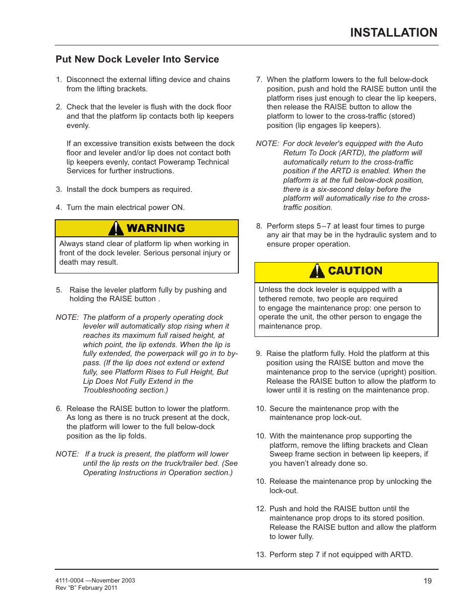 Installation, Put new dock leveler into service | Poweramp EH SERIES HYDRAULIC User Manual | Page 21 / 52