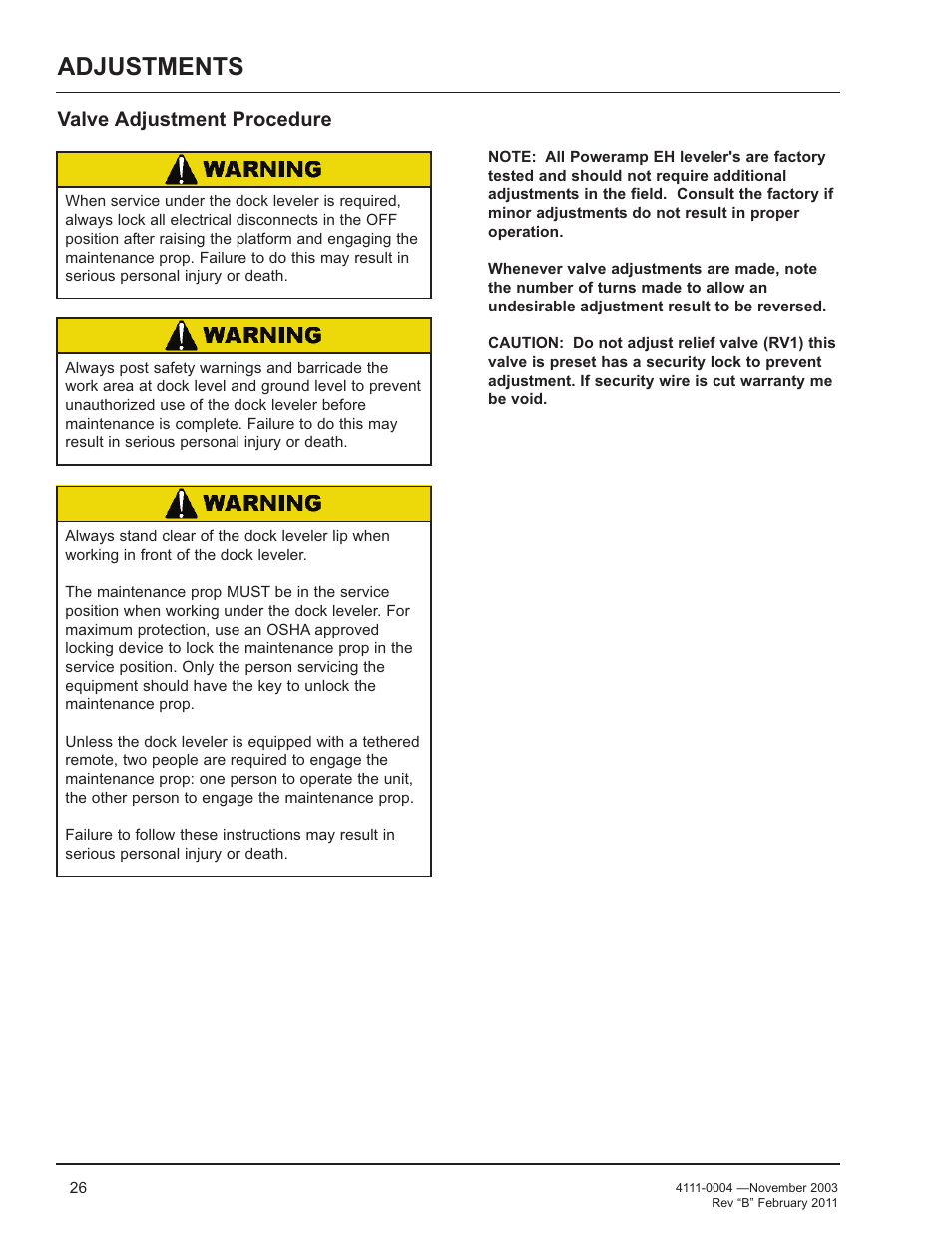 Adjustments, Valve adjustment procedure | Poweramp EH SERIES HYDRAULIC User Manual | Page 28 / 52