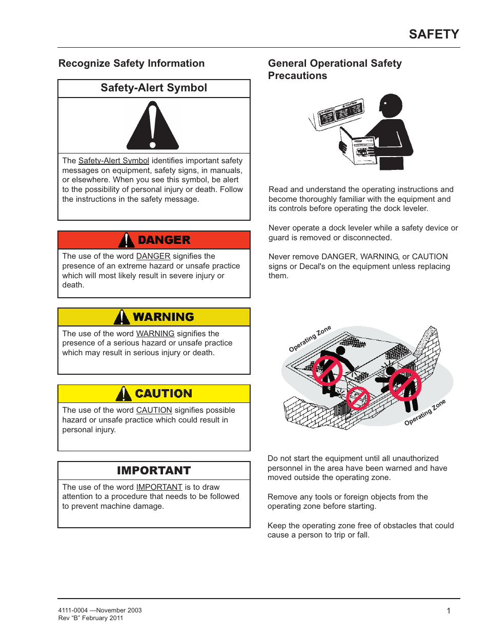 Safety, Safety-alert symbol, Important | Recognize safety information, General operational safety precautions | Poweramp EH SERIES HYDRAULIC User Manual | Page 3 / 52