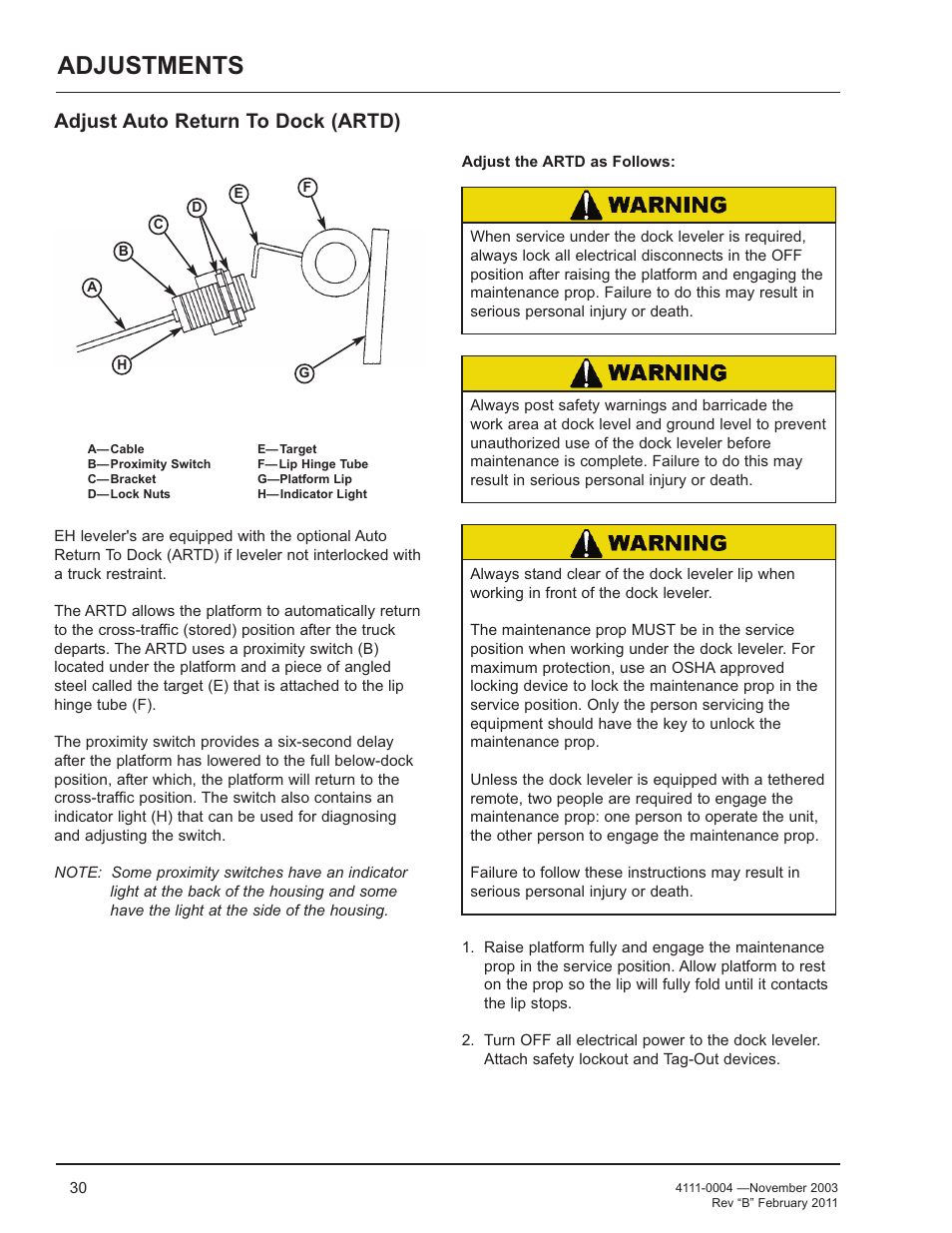 Adjustments, Adjust auto return to dock (artd) | Poweramp EH SERIES HYDRAULIC User Manual | Page 32 / 52