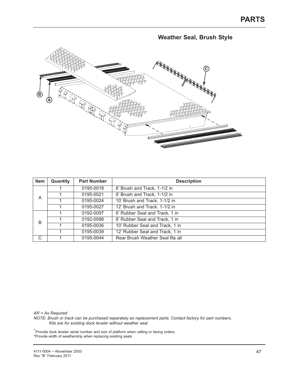 Parts, Weather seal, brush style | Poweramp EH SERIES HYDRAULIC User Manual | Page 49 / 52