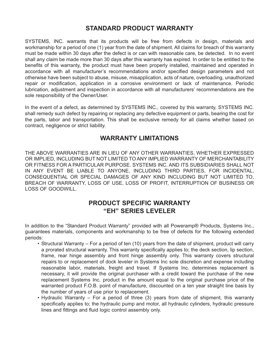 Standard product warranty, Warranty limitations, Product specific warranty “eh” series leveler | Poweramp EH SERIES HYDRAULIC User Manual | Page 52 / 52