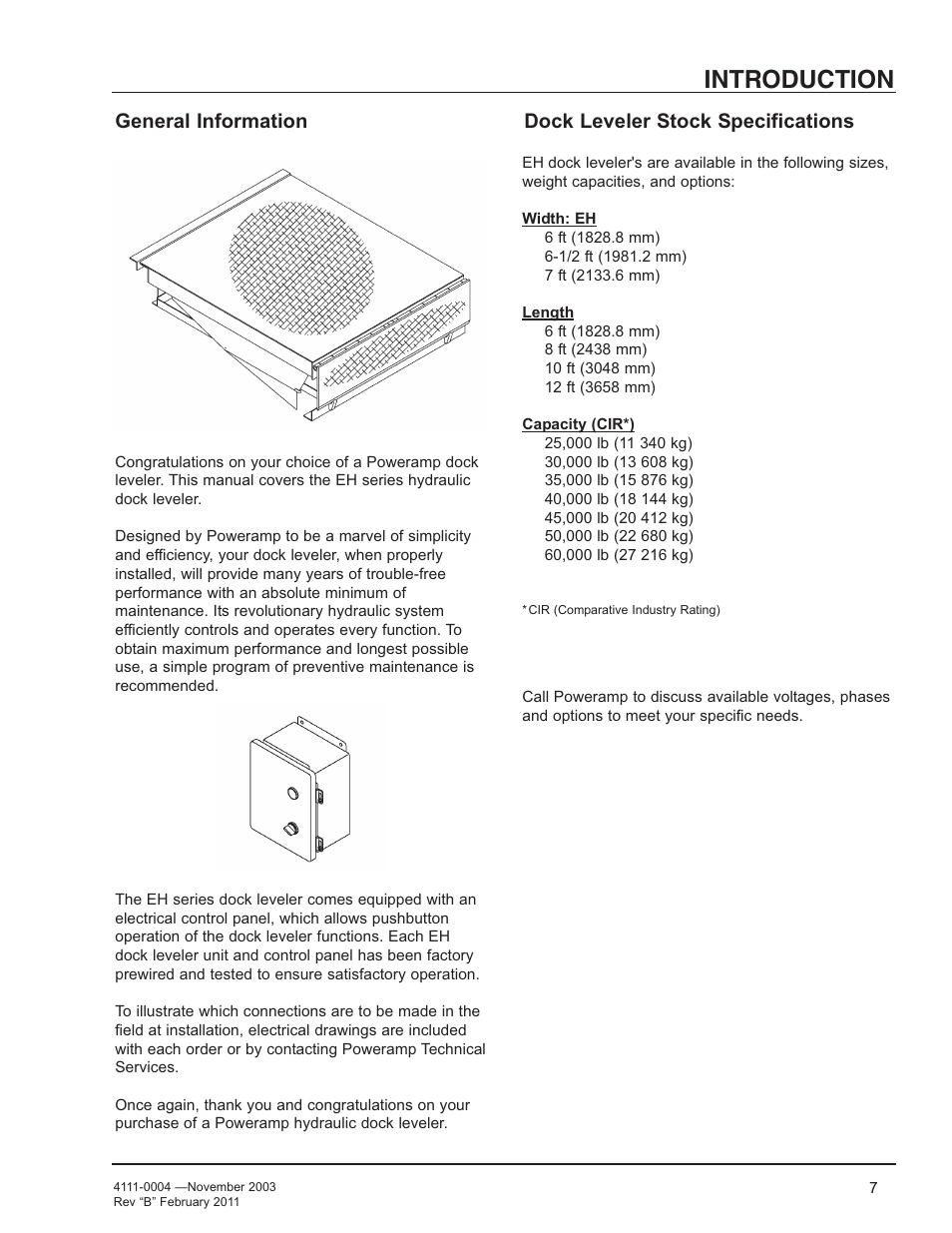 Introduction, General information, Dock leveler stock specifications | Poweramp EH SERIES HYDRAULIC User Manual | Page 9 / 52