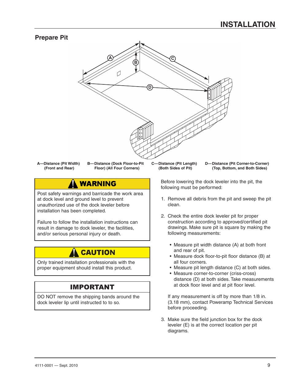 Installation, Important, Prepare pit | Poweramp PR SERIES HYDRAULIC User Manual | Page 11 / 56