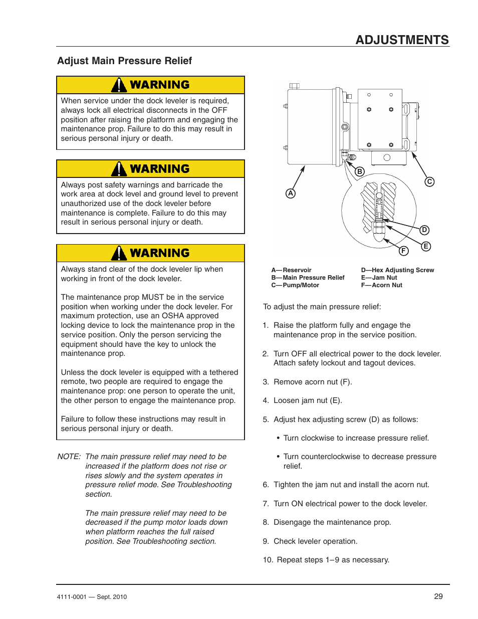 Adjustments, Adjust main pressure relief | Poweramp PR SERIES HYDRAULIC User Manual | Page 31 / 56