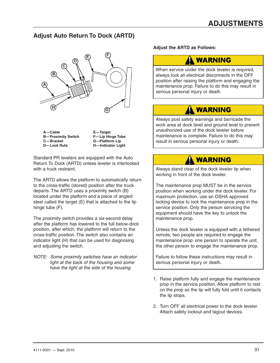 Adjustments, Adjust auto return to dock (artd) | Poweramp PR SERIES HYDRAULIC User Manual | Page 33 / 56