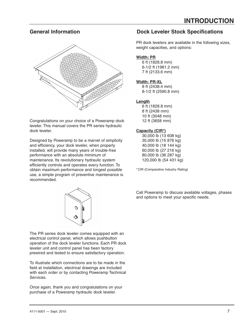 Introduction, General information, Dock leveler stock specifications | Poweramp PR SERIES HYDRAULIC User Manual | Page 9 / 56