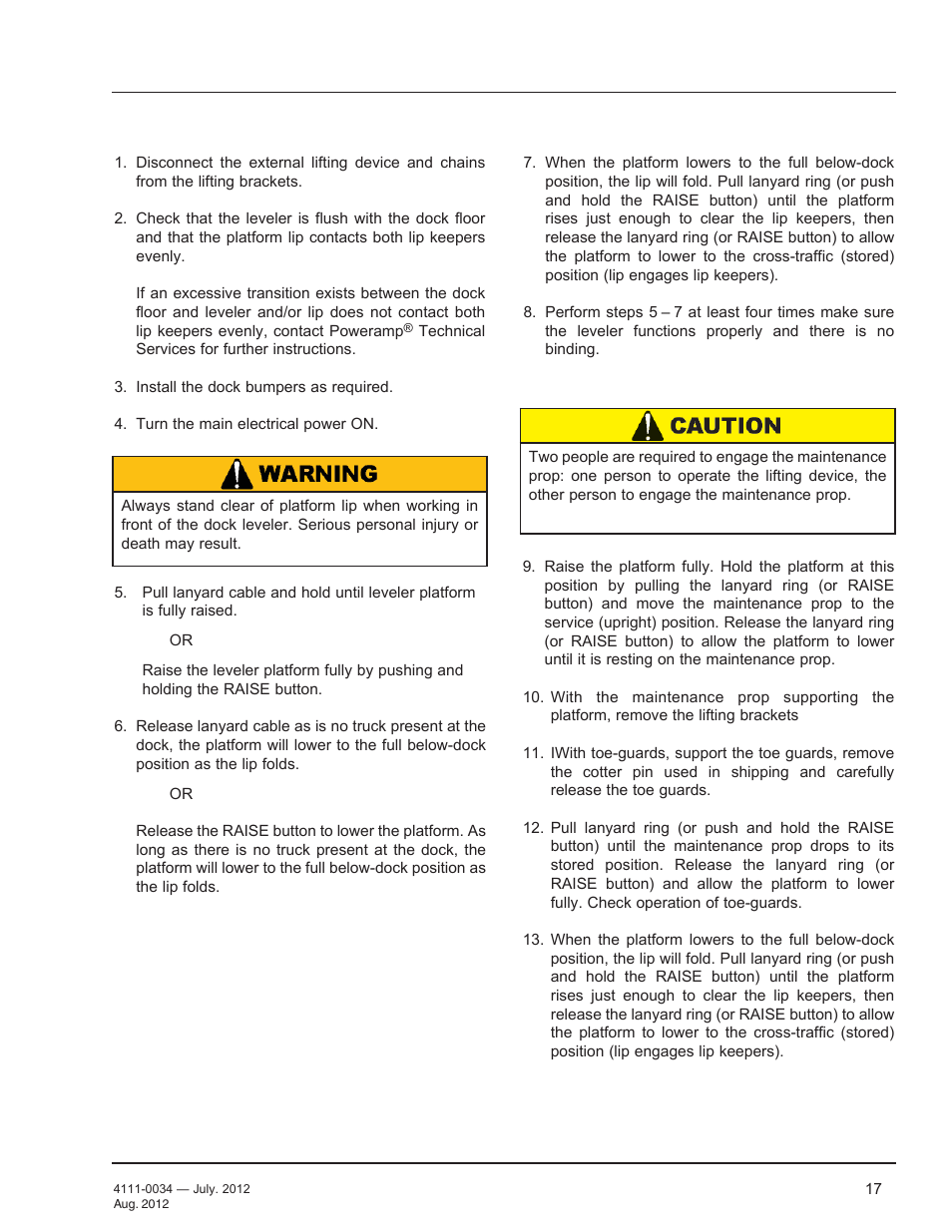 Installation, Put new dock leveler into service | Poweramp CentraAir AIR POWERED User Manual | Page 19 / 44