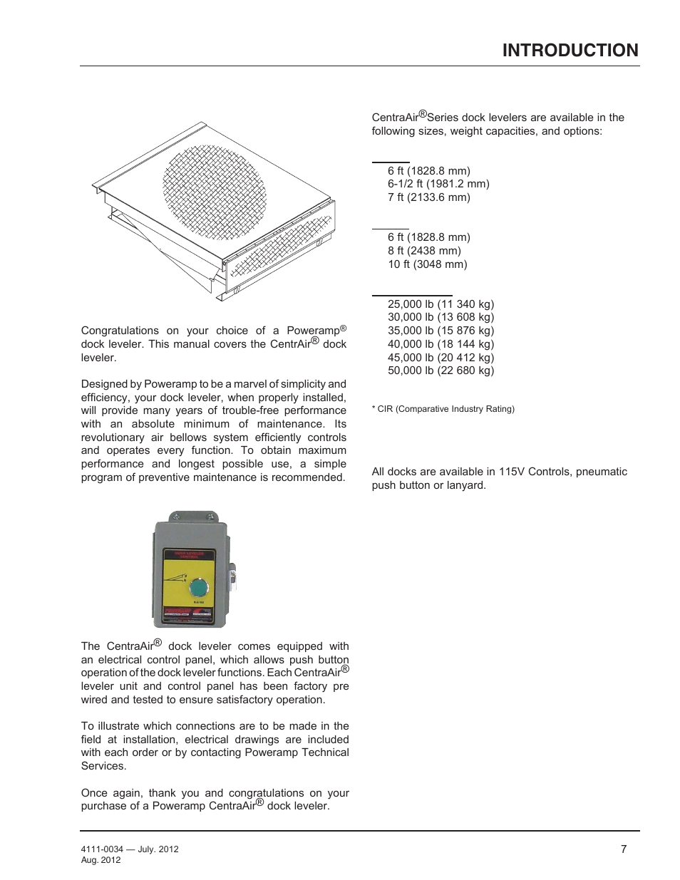 Introduction, General information, Dock leveler stock specifications | Poweramp CentraAir AIR POWERED User Manual | Page 9 / 44