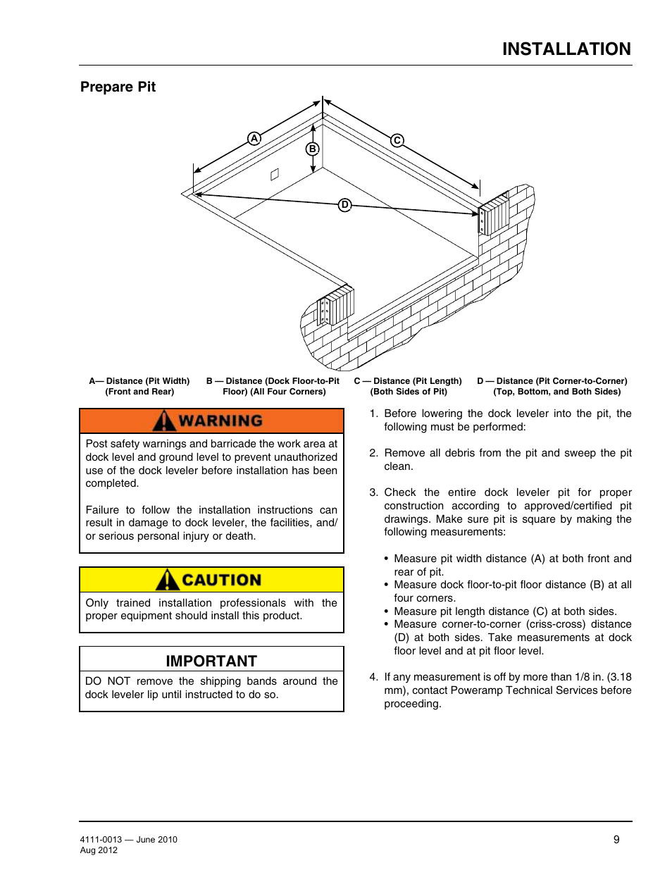 Installation, Important, Prepare pit | Poweramp LMP SERIES MECHANICAL User Manual | Page 11 / 40