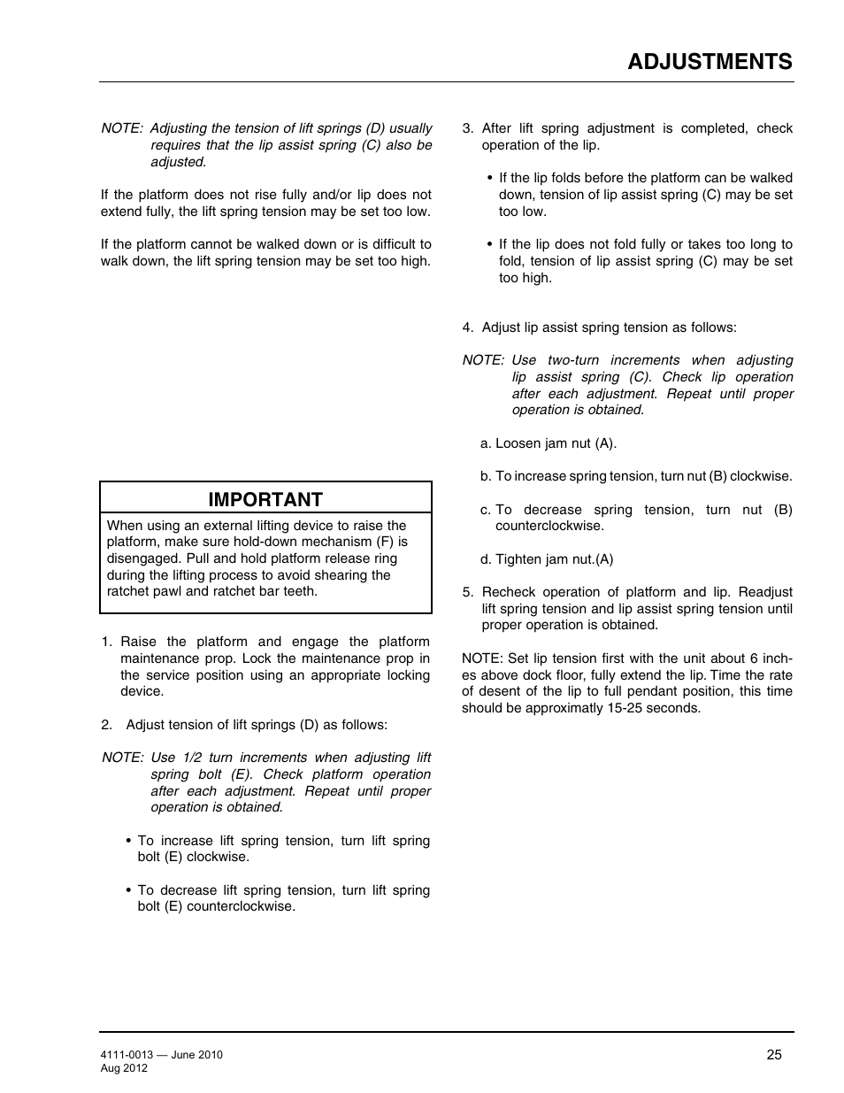 Adjustments, Important | Poweramp LMP SERIES MECHANICAL User Manual | Page 27 / 40