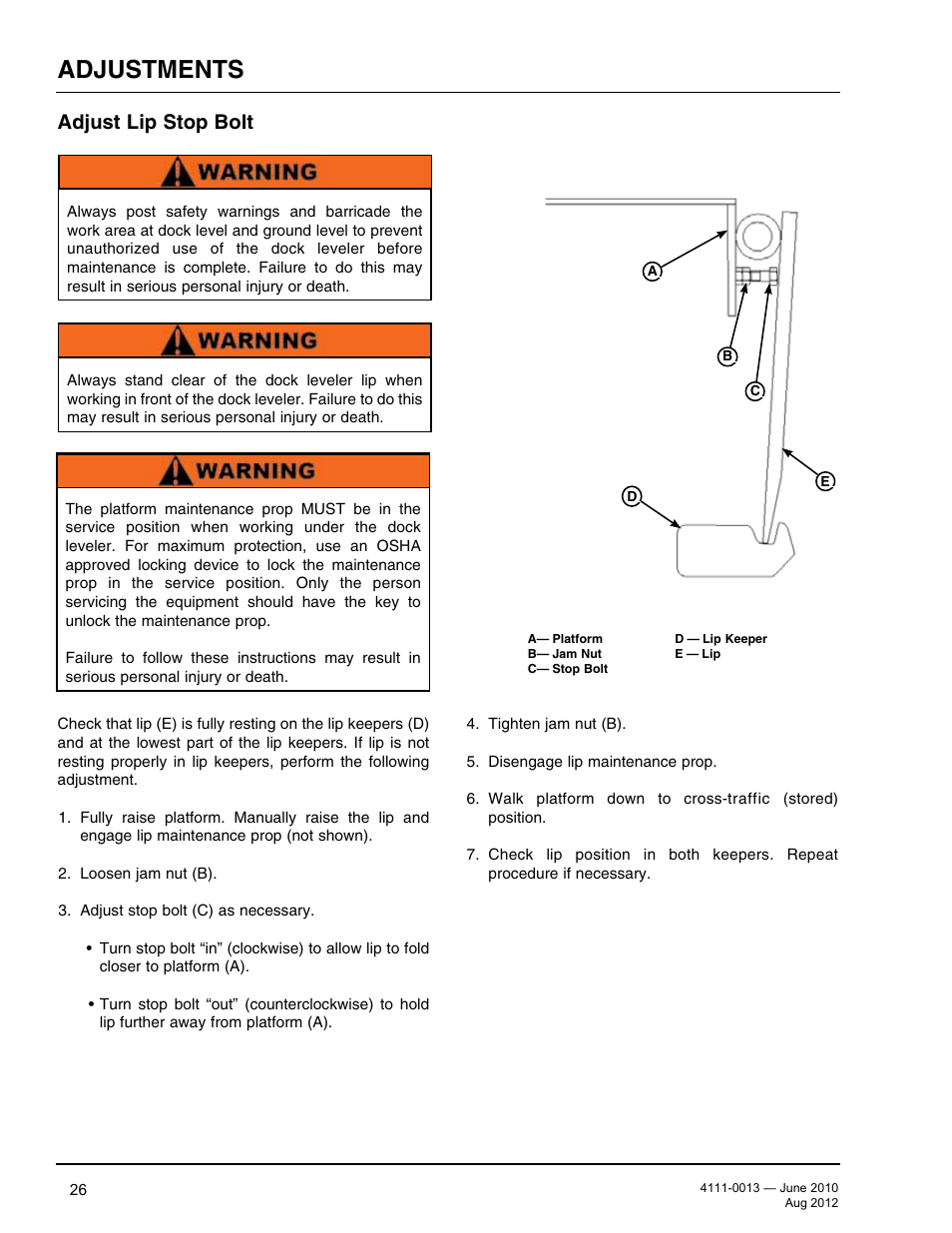 Adjustments, Adjust lip stop bolt | Poweramp LMP SERIES MECHANICAL User Manual | Page 28 / 40