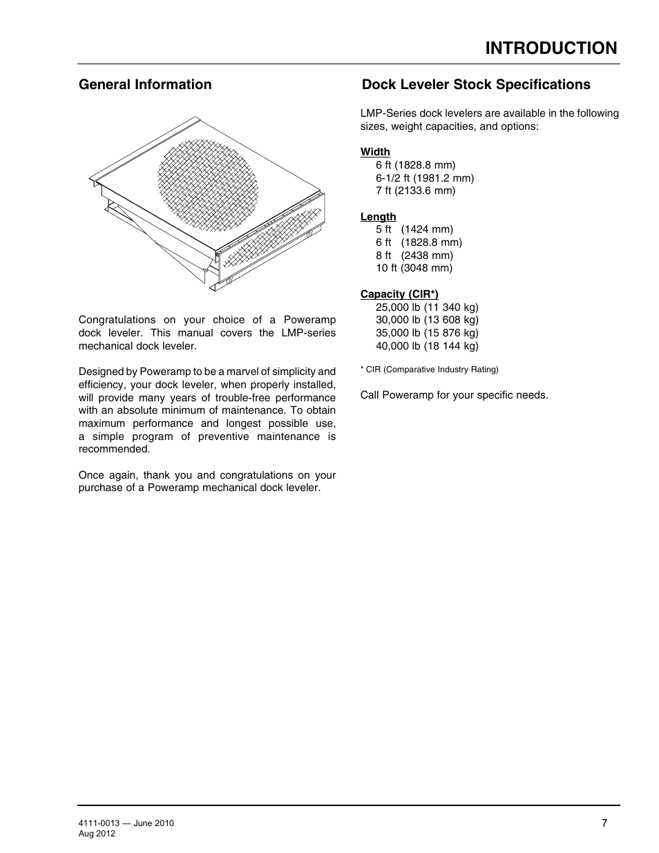 Introduction, General information, Dock leveler stock specifications | Poweramp LMP SERIES MECHANICAL User Manual | Page 9 / 40