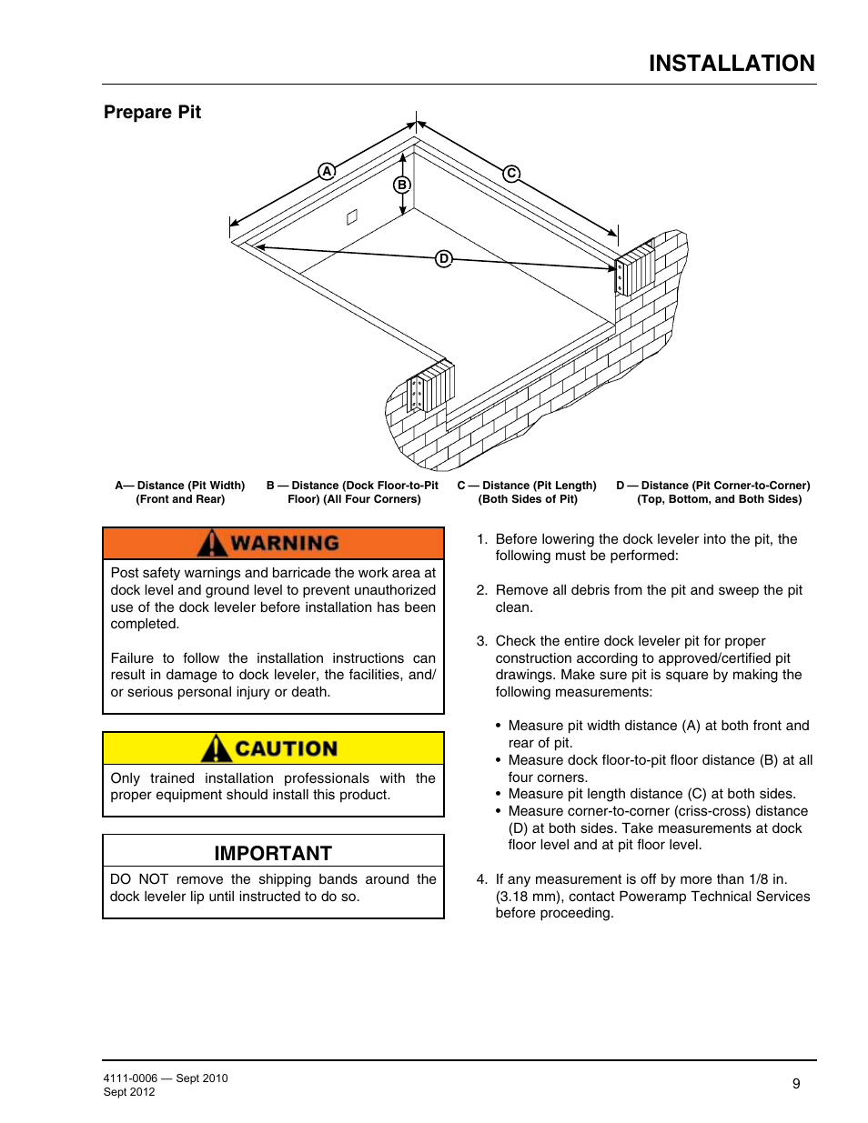 Installation, Important, Prepare pit | Poweramp CM SERIES MECHANICAL User Manual | Page 11 / 44