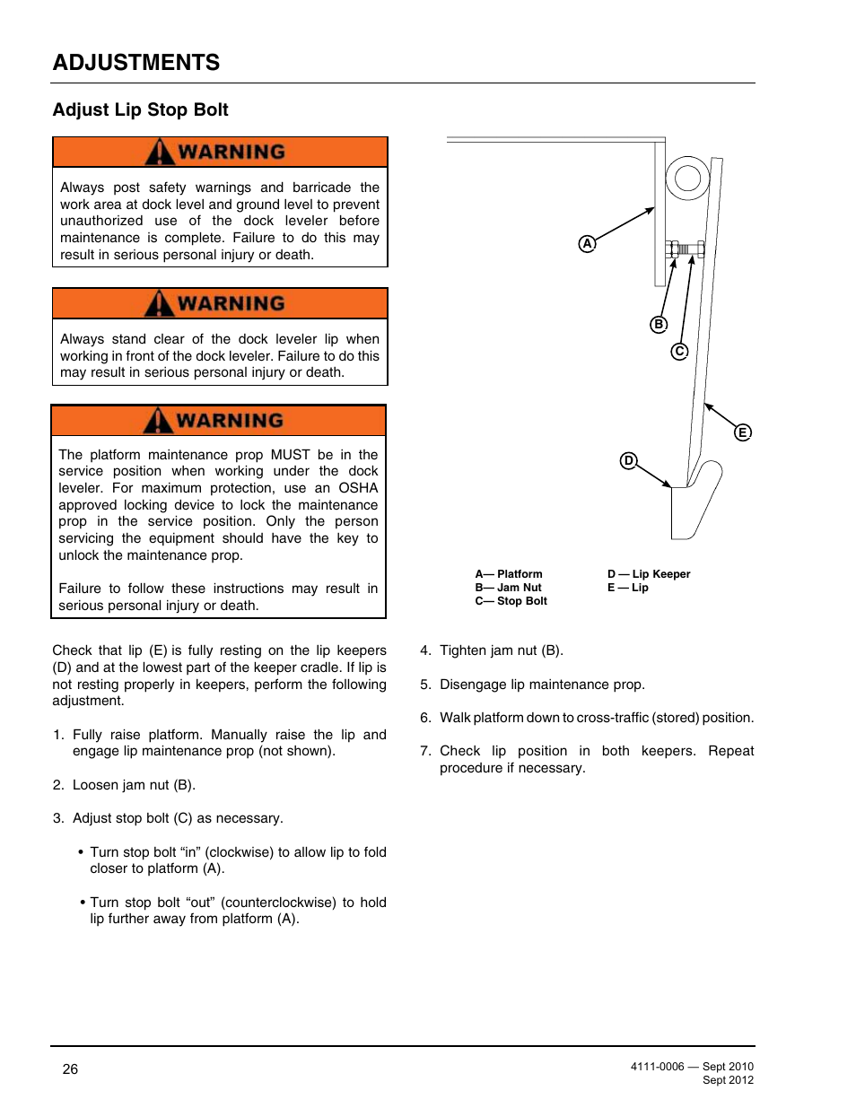 Adjustments, Adjust lip stop bolt | Poweramp CM SERIES MECHANICAL User Manual | Page 28 / 44