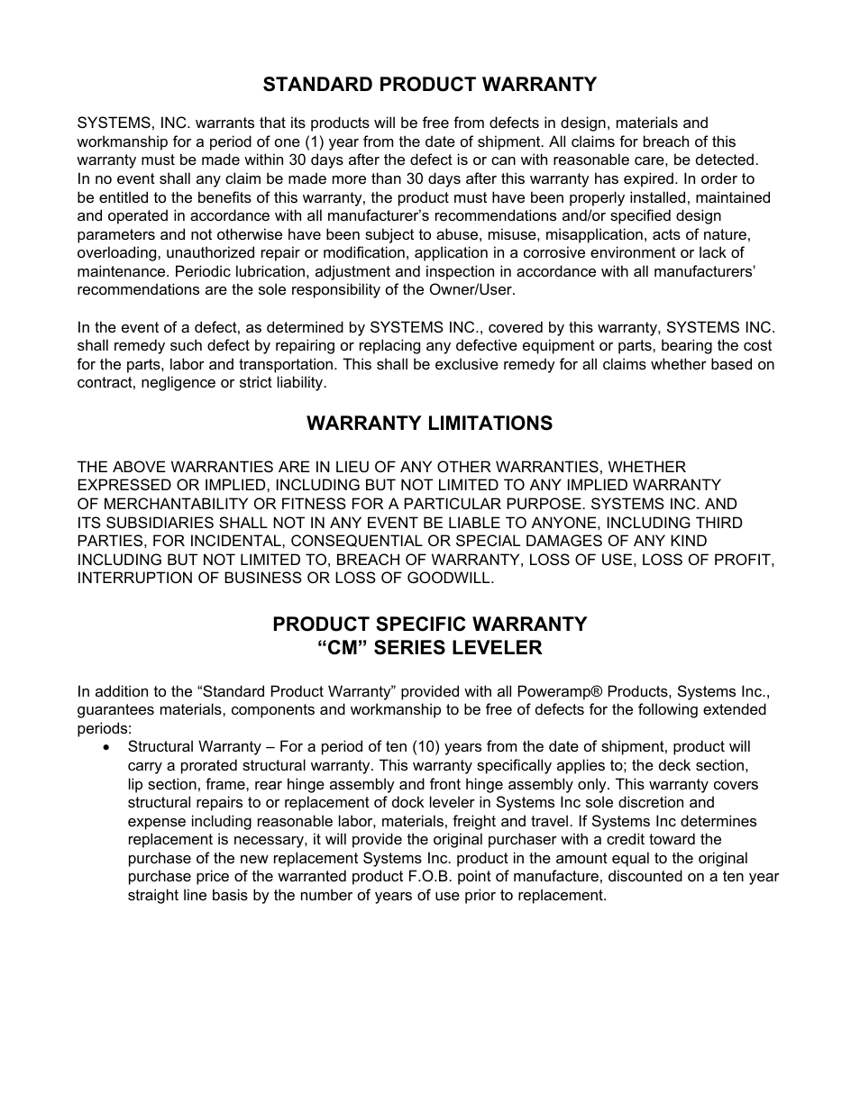Standard product warranty, Warranty limitations, Product specific warranty “cm” series leveler | Poweramp CM SERIES MECHANICAL User Manual | Page 44 / 44