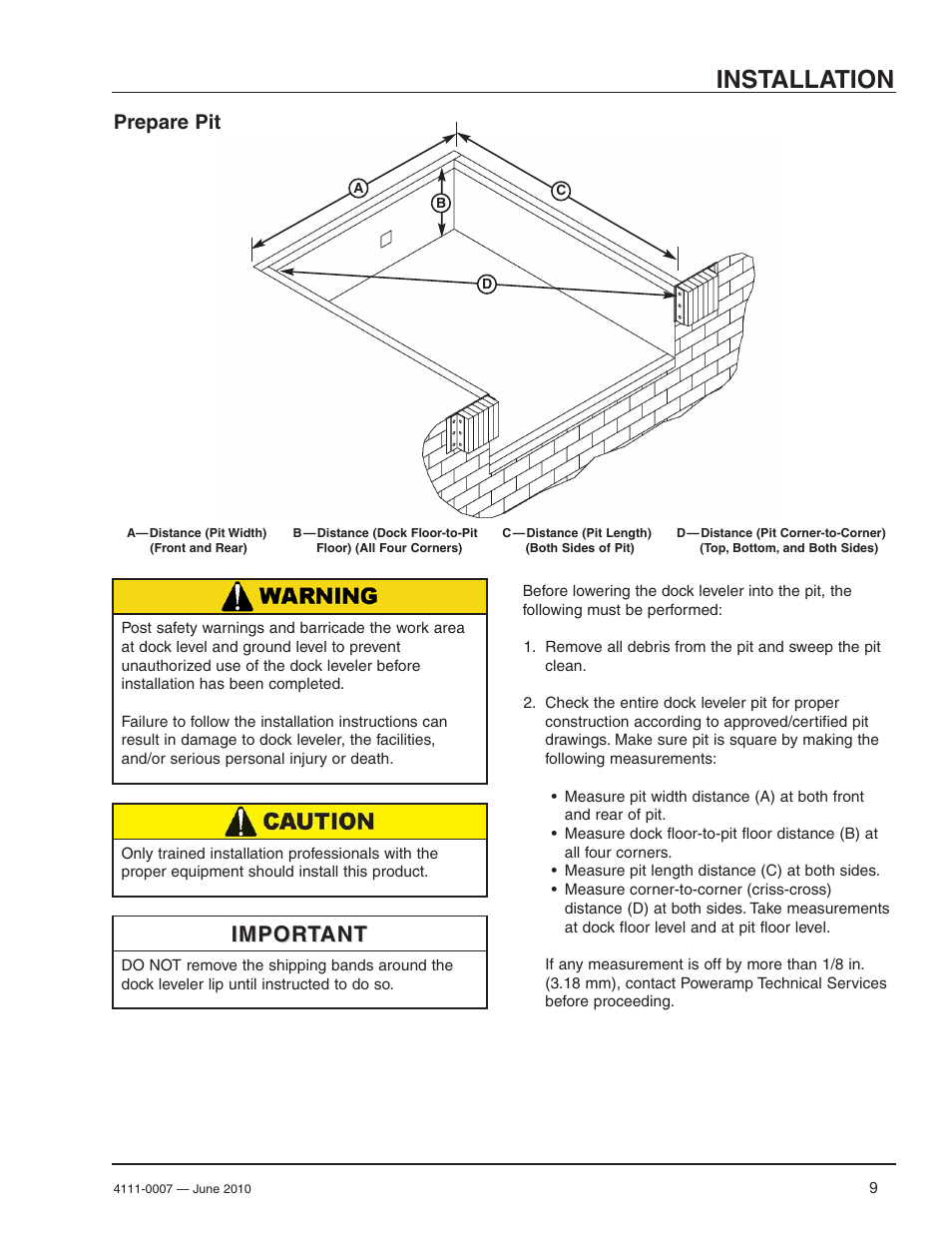 Installation, Important, Prepare pit | Poweramp HM SERIES MECHANICAL User Manual | Page 11 / 40