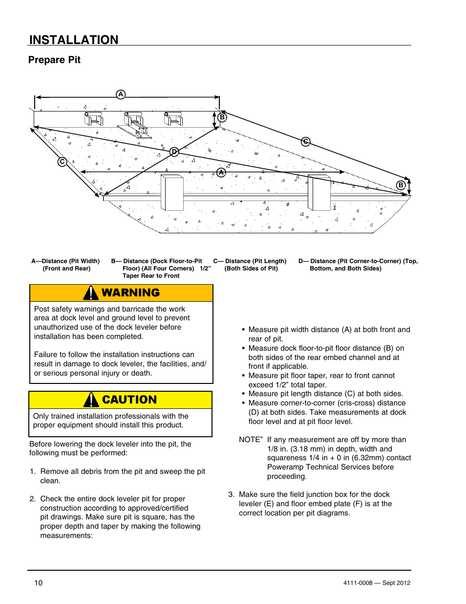 Installation, Prepare pit | Poweramp VS SERIES HYDRAULIC User Manual | Page 12 / 60