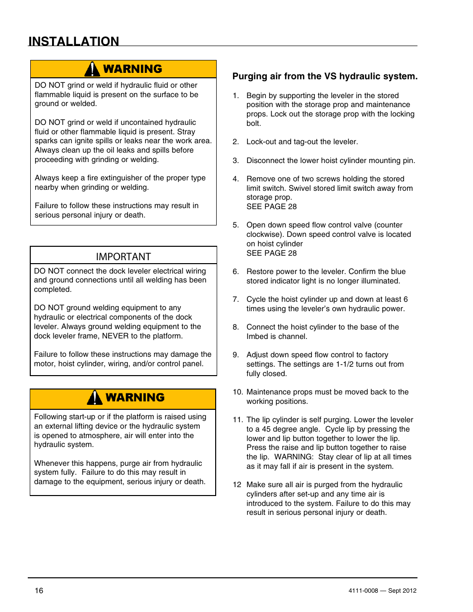Installation, Important | Poweramp VS SERIES HYDRAULIC User Manual | Page 18 / 60