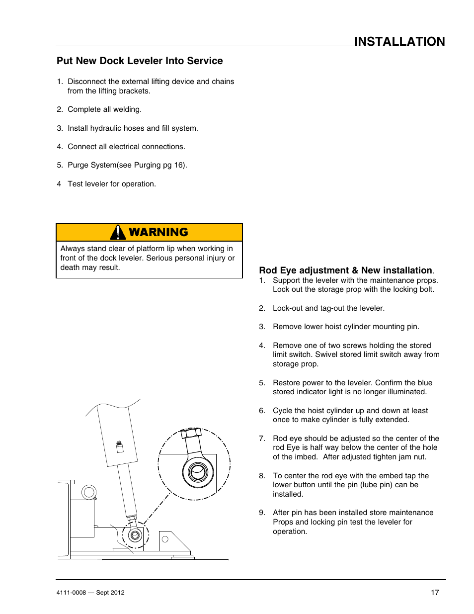 Installation, Put new dock leveler into service | Poweramp VS SERIES HYDRAULIC User Manual | Page 19 / 60