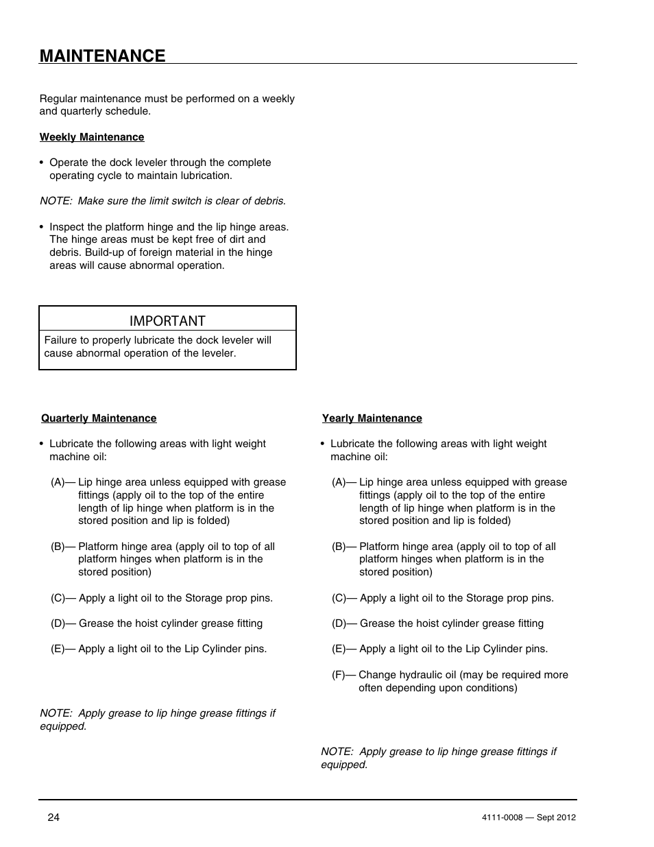 Maintenance, Important | Poweramp VS SERIES HYDRAULIC User Manual | Page 26 / 60