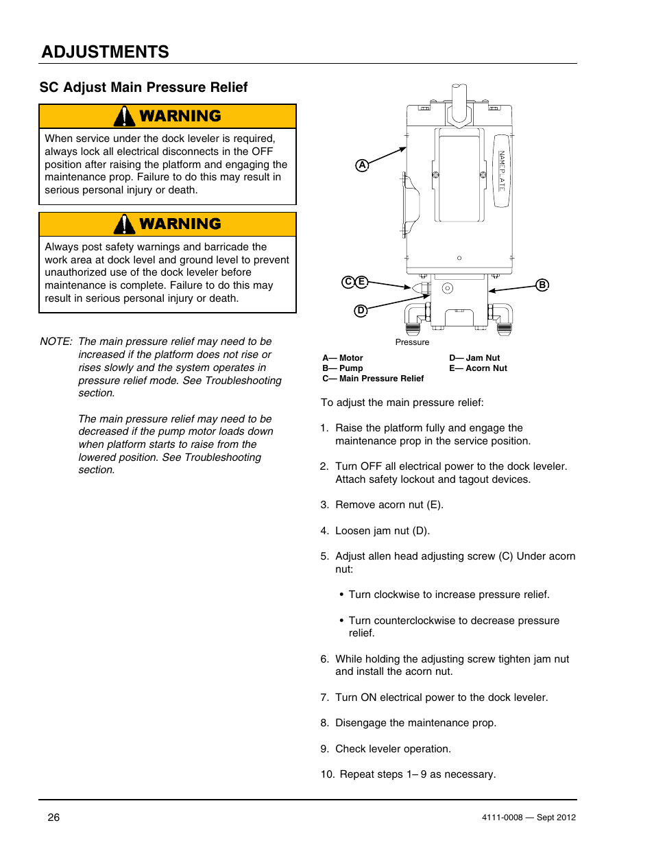 Adjustments, Sc adjust main pressure relief | Poweramp VS SERIES HYDRAULIC User Manual | Page 28 / 60