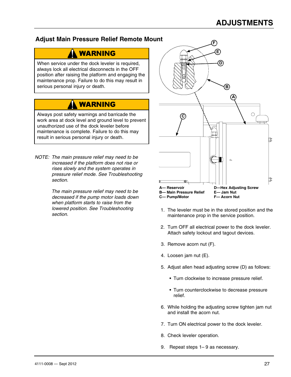 Adjustments, Adjust main pressure relief remote mount | Poweramp VS SERIES HYDRAULIC User Manual | Page 29 / 60