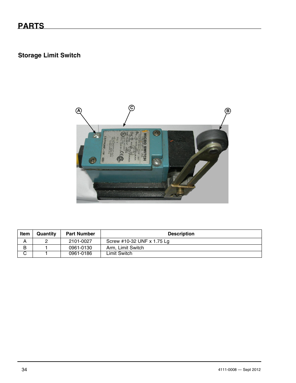 Parts, Storage limit switch | Poweramp VS SERIES HYDRAULIC User Manual | Page 36 / 60