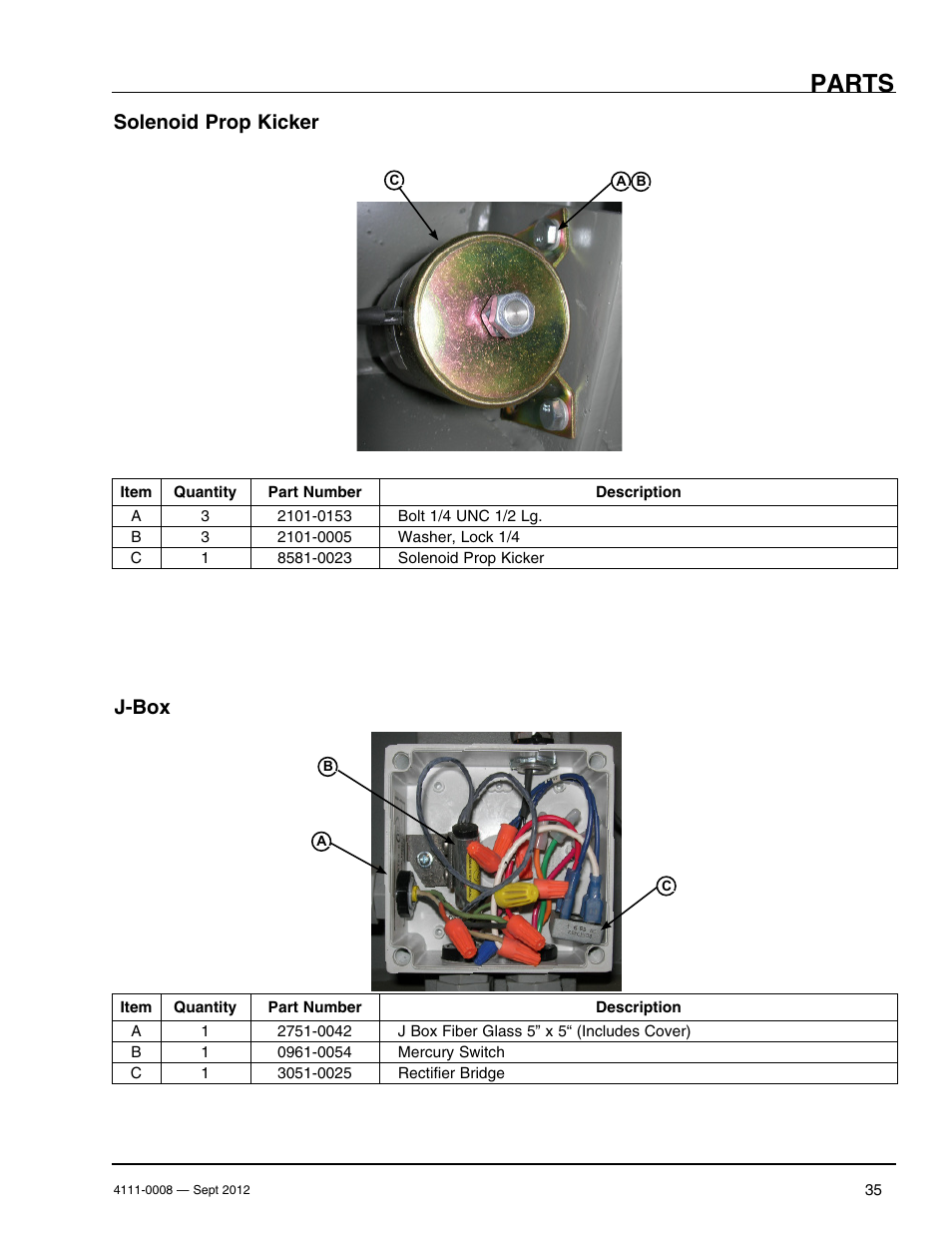 Parts, Solenoid prop kicker, J-box | Poweramp VS SERIES HYDRAULIC User Manual | Page 37 / 60