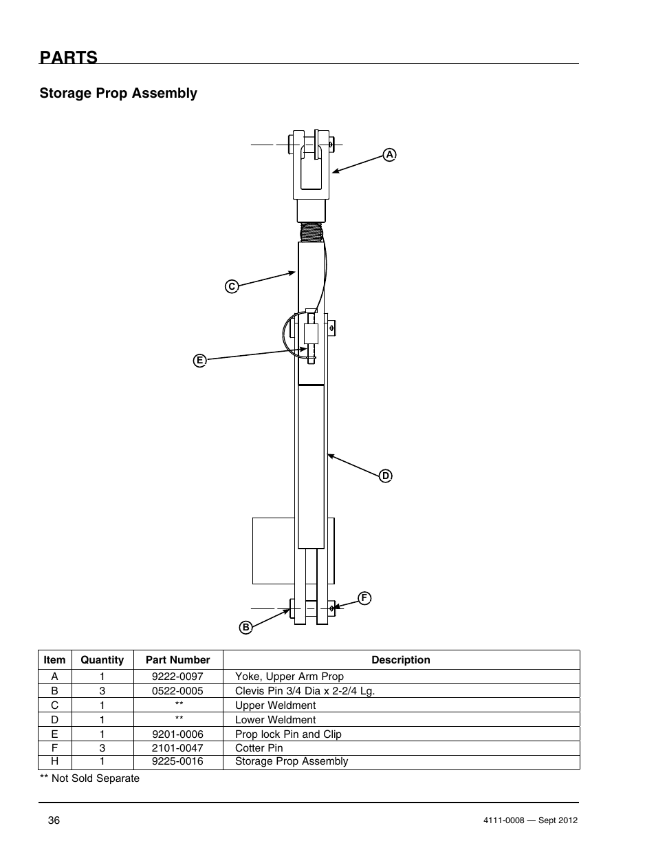 Parts, Storage prop assembly | Poweramp VS SERIES HYDRAULIC User Manual | Page 38 / 60
