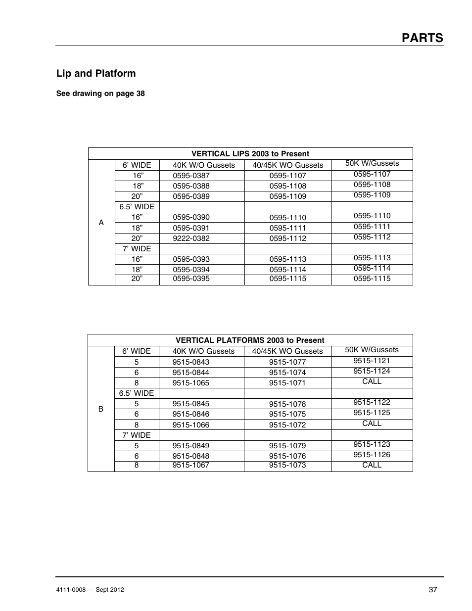 Parts, Lip and platform | Poweramp VS SERIES HYDRAULIC User Manual | Page 39 / 60