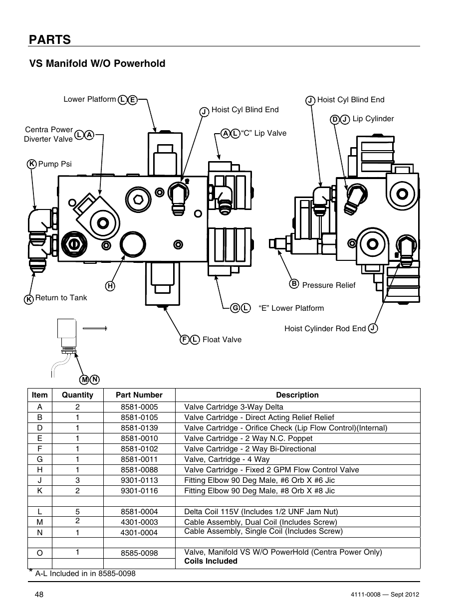 Parts, Vs manifold w/o powerhold | Poweramp VS SERIES HYDRAULIC User Manual | Page 50 / 60