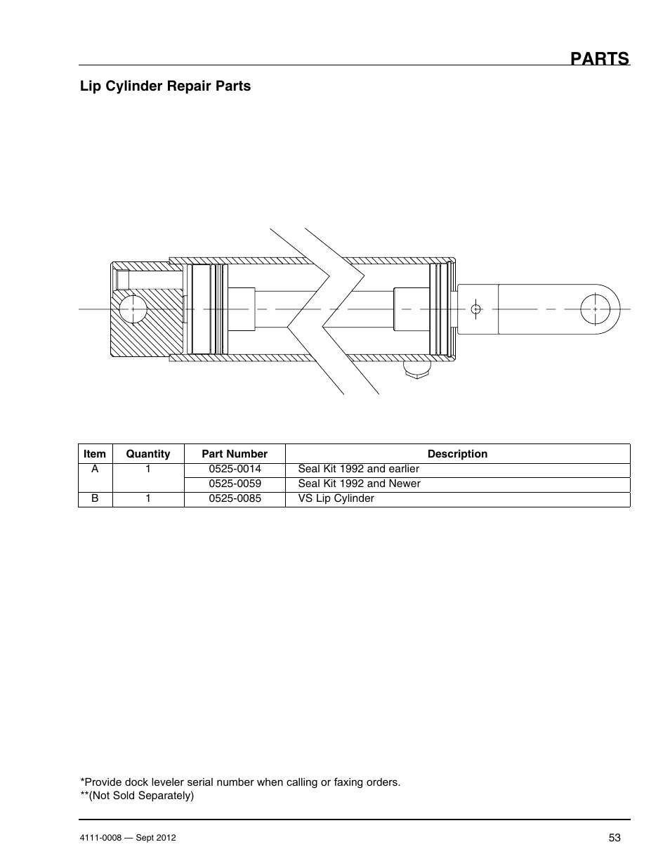 Parts, Lip cylinder repair parts | Poweramp VS SERIES HYDRAULIC User Manual | Page 55 / 60
