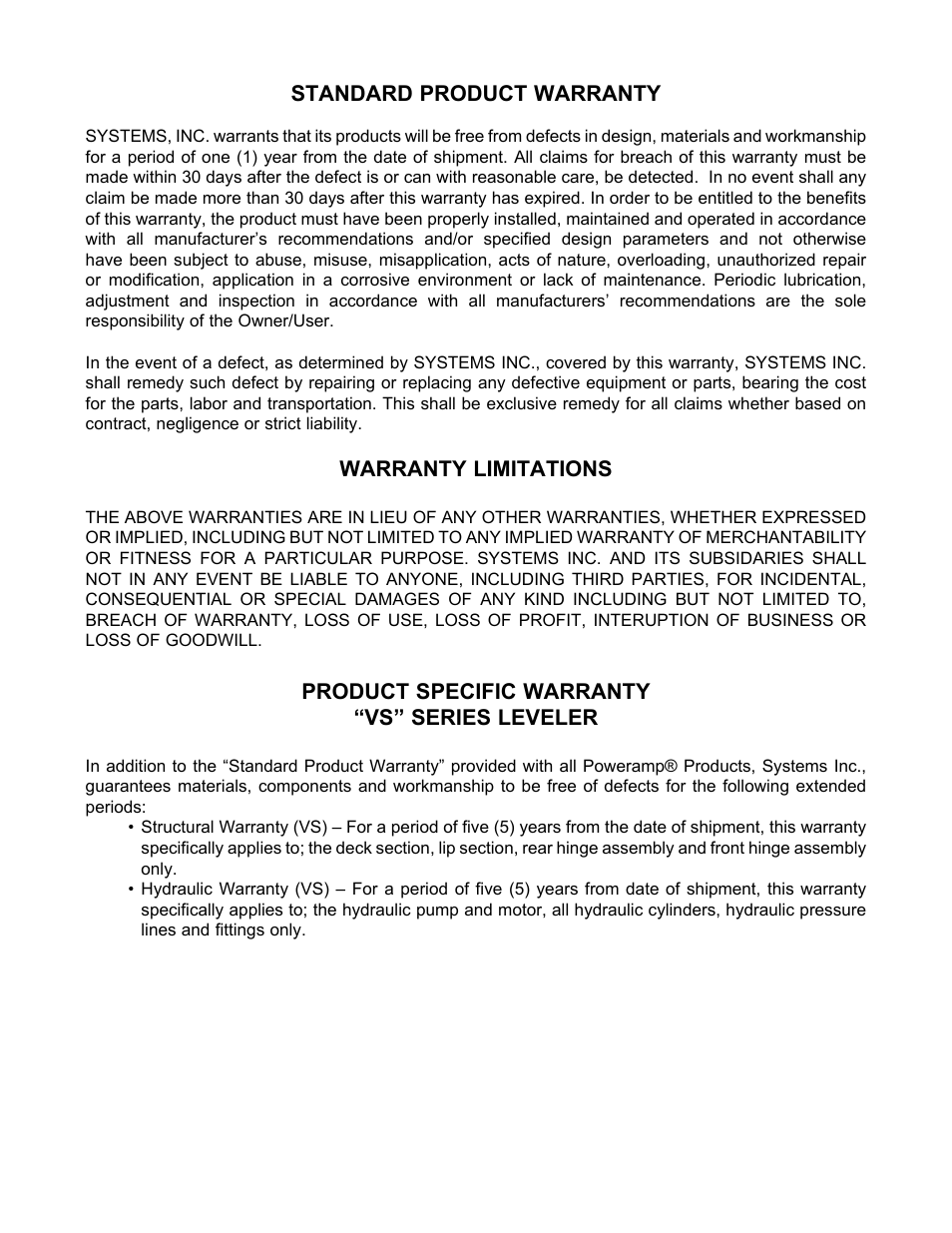 Poweramp VS SERIES HYDRAULIC User Manual | Page 60 / 60