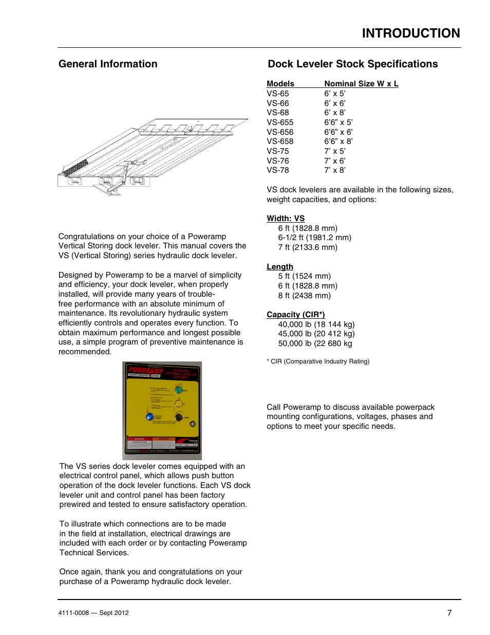 Introduction, General information, Dock leveler stock specifications | Poweramp VS SERIES HYDRAULIC User Manual | Page 9 / 60